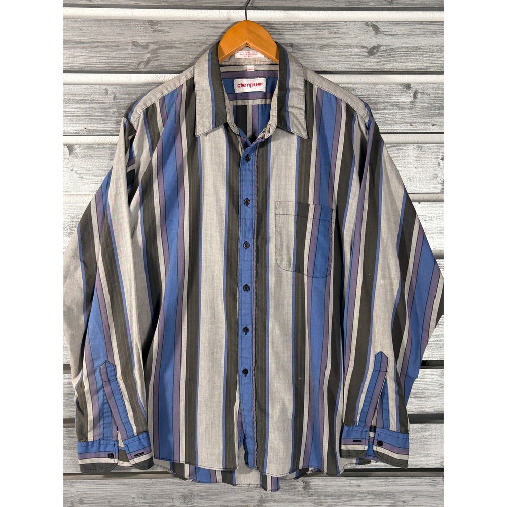 Vintage 80s Campus Mens Vertical Striped Short Sleeve Button Down Shirt Blue XL